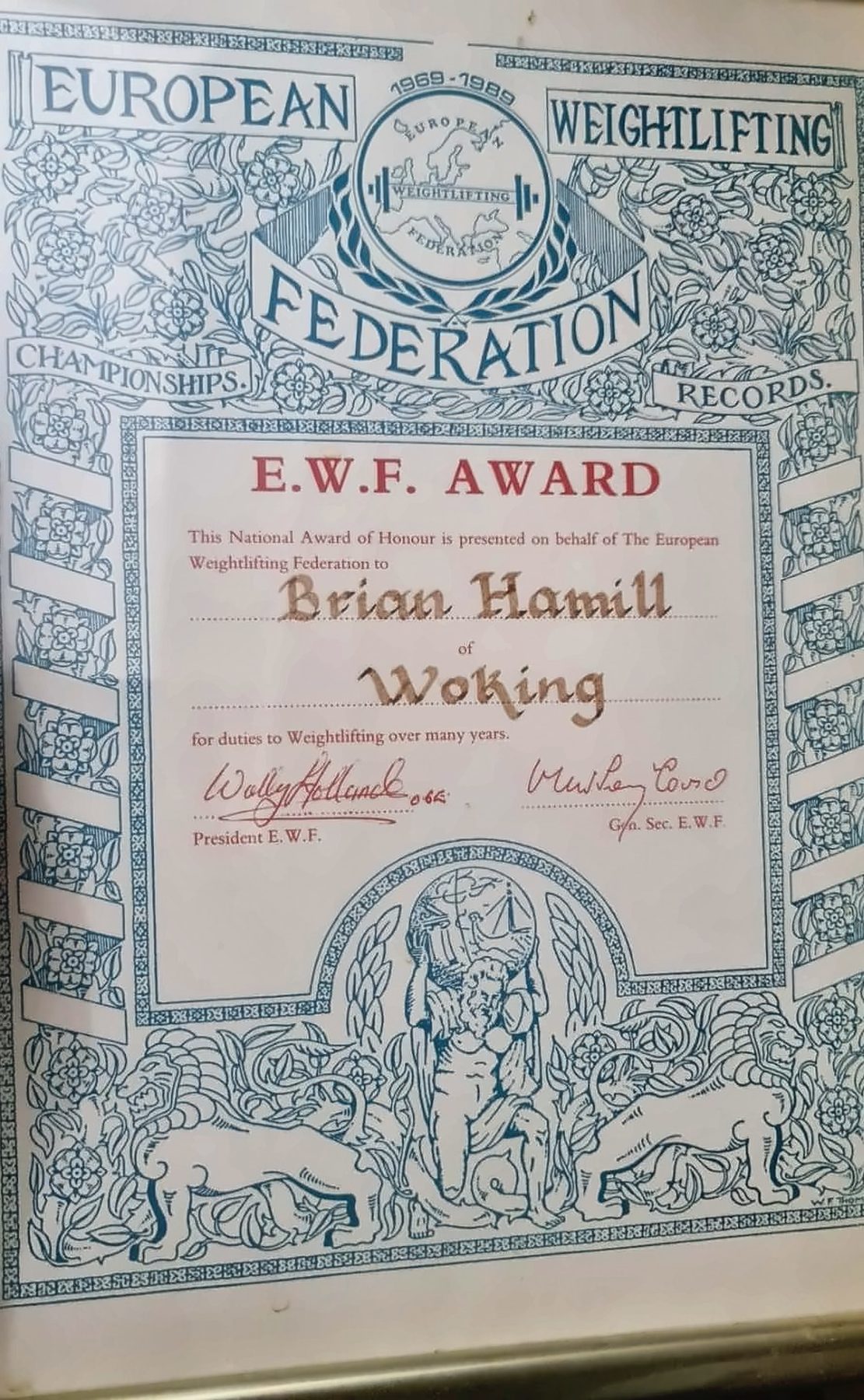 European Weightlifting Federation Award of Honour for Brian Hamill of Woking