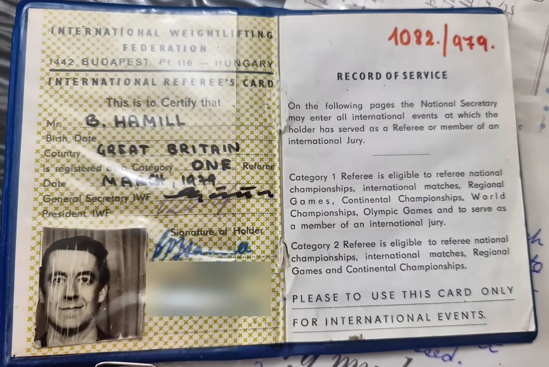 Brian's IWF international referee's card, 1979